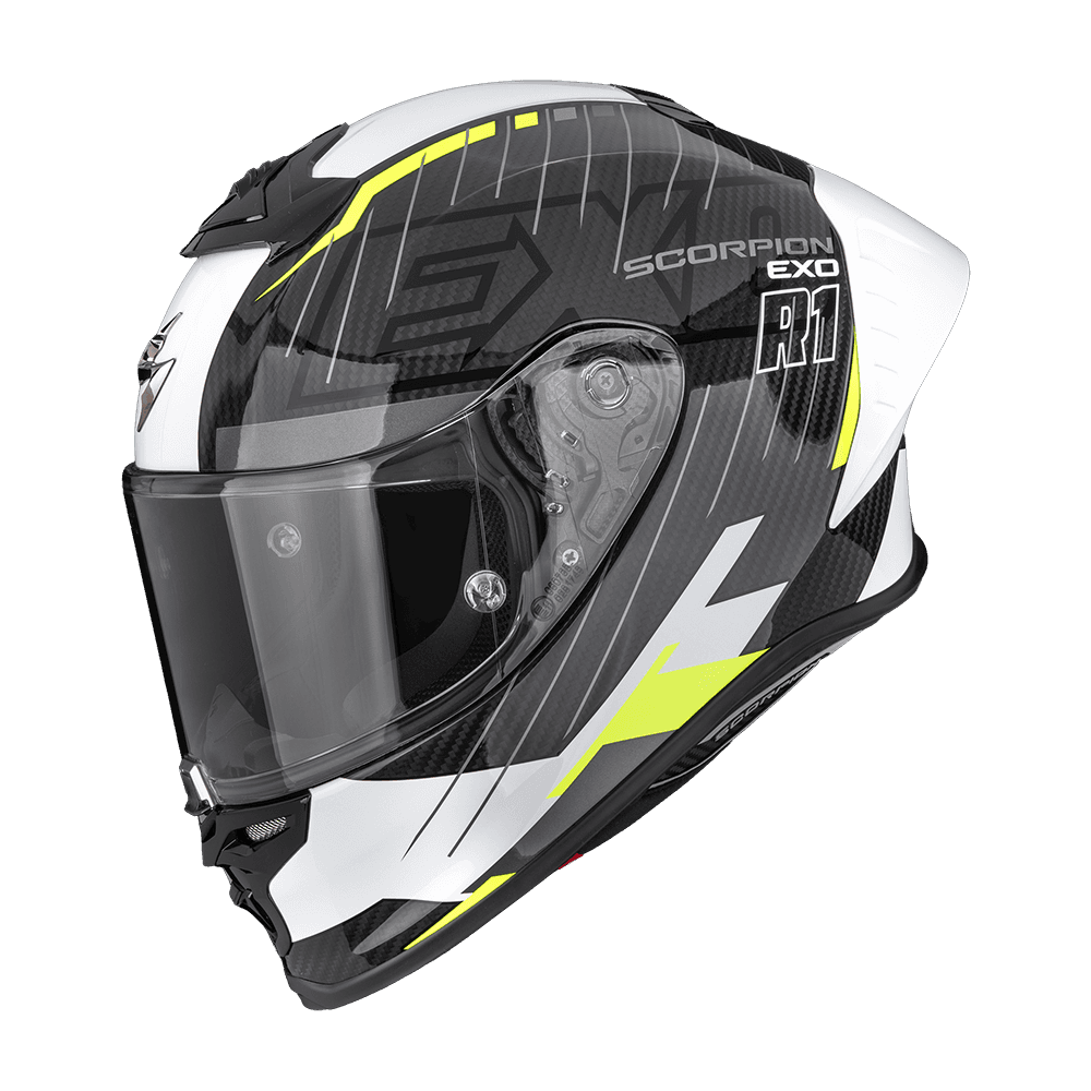 Moto přilba SCORPION EXO-R1 EVO II CARBON AIR SURGE černo/bílo/fluo žlutá