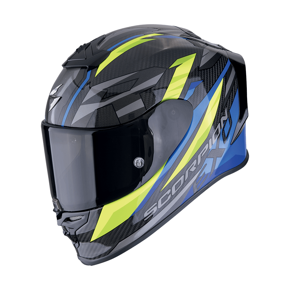 Moto přilba SCORPION EXO-R1 EVO CARBON AIR RUNNER černo/modro/fluo žlutá
